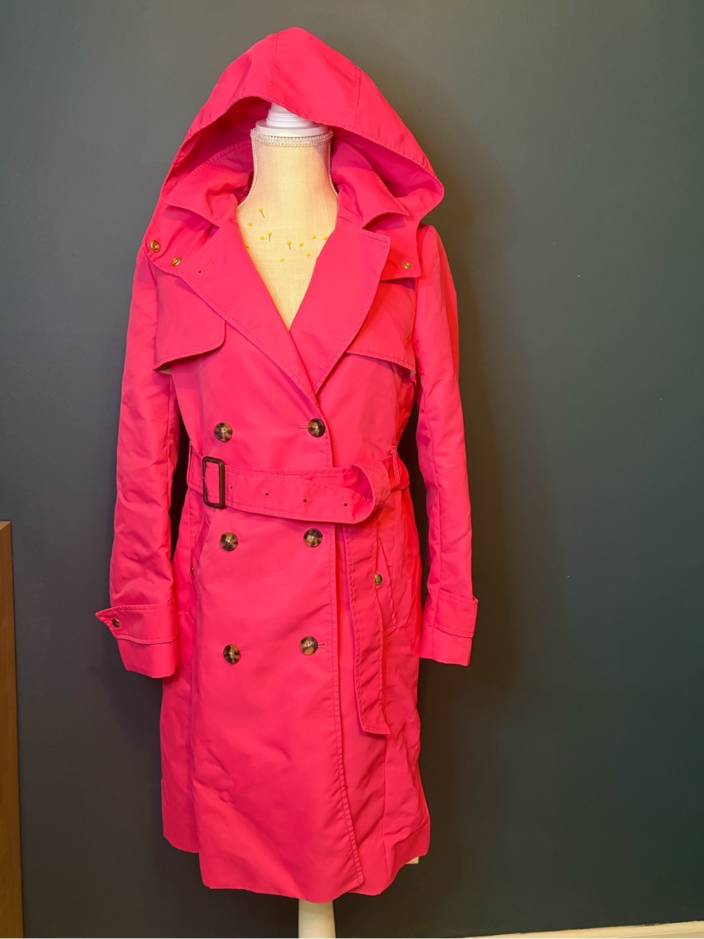 J. Crew Hooded Double-Breasted Trench Coat - Hot Pink